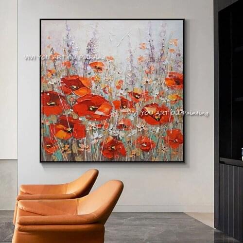 The Hand-painted Spring Red Flowers Creative Abstract Art Oil Painting On Canvas No Framed Paintings For Living Room Rose Decor