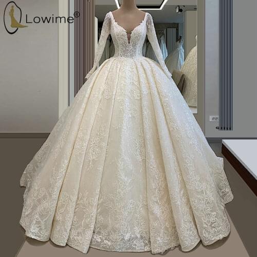 Princess V Neck Sexy Wedding Dresses Long Sleeves Applique Sequins Lace Bridal Gowns robes de mariée