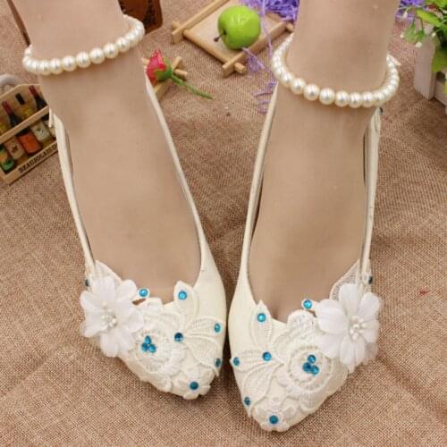 White lace wedding shoes for bride HS032 blue rhinestones lace flower ankle beading straps lady female bridal wedding pumps shoe