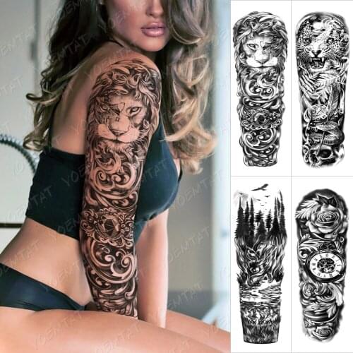Large Arm Sleeve Tattoo Lion Diamond Crown Waterproof Temporary Tatto Sticker Evil King Hell Body Art Full Fake Tatoo Women Men