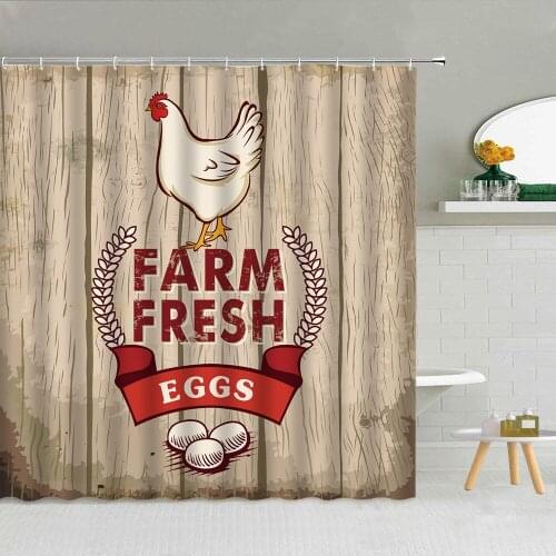 Farmhouse Animal Chicken Shower Curtain Egg Wood Background Farm Bathroom Decor Accessories Waterproof Cloth Hooks Curtains Set
