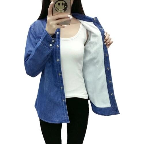 New Autumn winter women Denim shirt cotton flannel Warm thickening pocket long sleeve blouse Denim shirt casual flannel tops