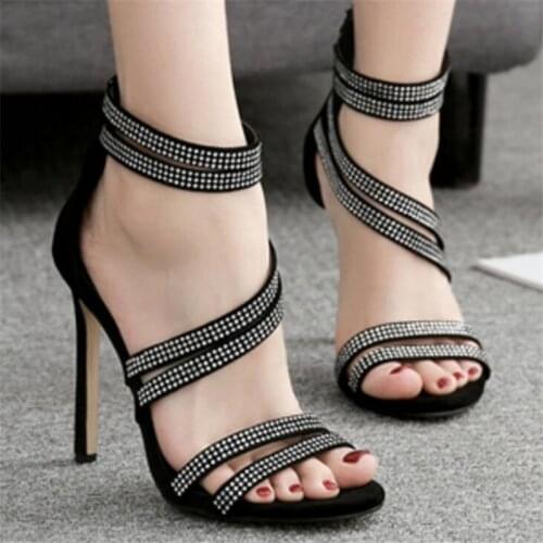 Women sandals Flock Slip On 11cm Thin Heels High heels Round Toe Bling Shallow zapatos de mujer women shoes