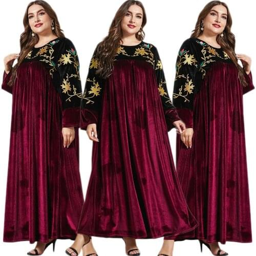 Plus Size Muslim Women Velvet Long Dress Elegant Embroidery Loose Casual Arab Abaya Islamic Clothing Ramadan Middle East Turkey