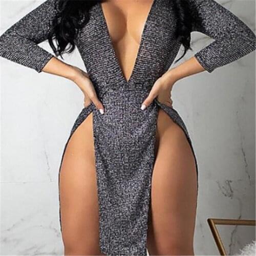 Fashion Women New Solid Sexy Sparkly Deep V Neck Long Sleeve Bandage Bodycon Mini Dress Party Gown Clubwear