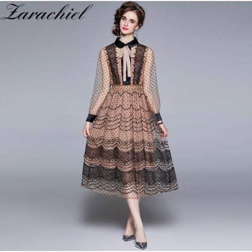 Summer 2021 New Polka Dot Tulle Mesh Elegant Dress Women Sweet Long Lantern Sleeve Lace Trims Ribbon Bow Tie Collar Party Dress