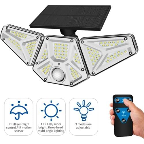 113LED Solar Powered Wall Light Outdoor 3 Head Motion Sensor Solar Lamp Waterproof Emergency Led Light For Street Park Garden