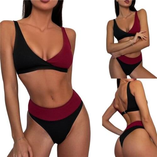 2021 Women Color Block Set Bikini Suit Push Up Bathing Suits Adults Sexy Ribbed V-neck Bikini Tops + Bottoms Biquini