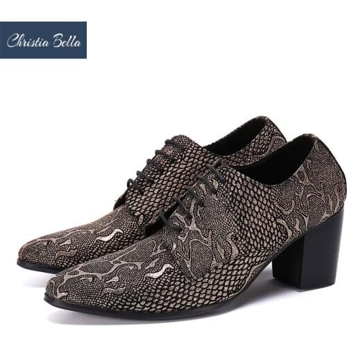 Christia Bella Man Real Leather Lace up Shoes Printing Pattern Man Pointed Toe Shoes Increase Height British Style Men Shoes
