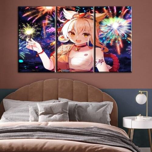 Genshin impact Game poster home decor hd painting Fireworks Yoimiya wall painting poster anime Study Bedroom Bar Cafe Wall