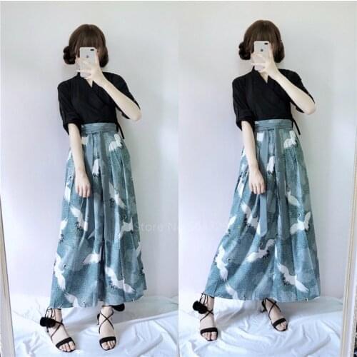 Japanese Traditional Clothes Women Mujer Fancy Crane Print Long Sleeve Kimono Skirt Set Fashion Asian Chinese Cardigan Outfits