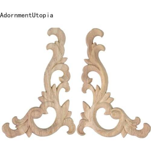 Unpainted Modern Retro Wood Applique Wood Decal Onlay Wood Craft Leaves Oval Long Floral Rubber Wood Corner Cabinet Window