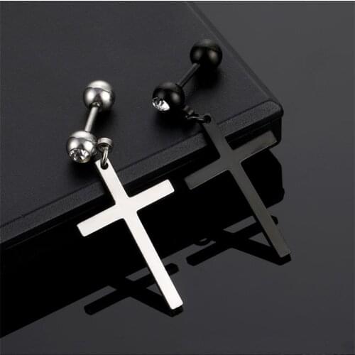 Single Mens Stainless Steel Crystal Cross Earrings Korean Style New Fashion Titanium Steel Cross Earrings Wholesale