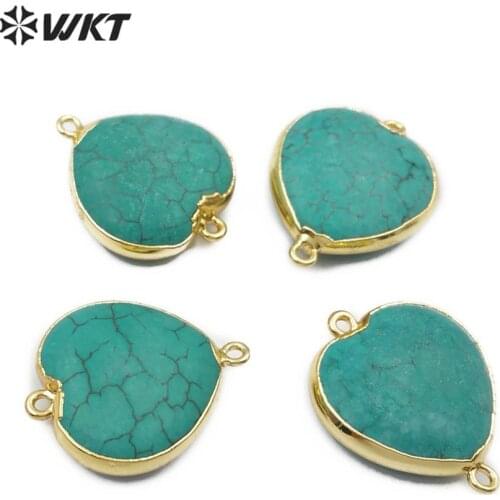 WT-C280 WKT Natural Green stone Connector Double Hoops Heart Shape Howlite Gold Electroplated Pendant For Jewelry Making