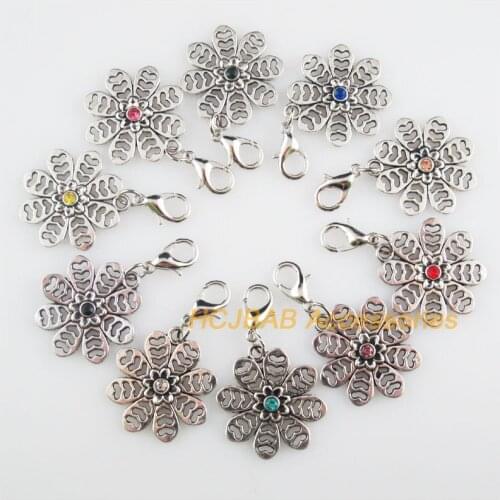 10 New Snowflake 21x23mm Charms Mixed Round Crystal Tibetan Silver Tone Retro With Lobster Claw Clasps