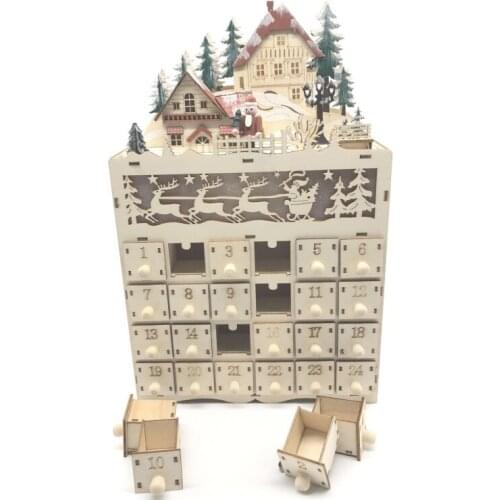 Christmas Snowman Wooden Advent Calendar Countdown Decoration 24 Drawers with LED Light Ornament