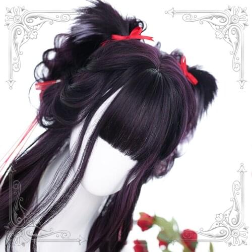 Dark Purple Harajuku Lolita Wig Ears Long Curly Hair Witch Chic Girls Women Kawaii Cosplay Cat Bunny Cute Daily Wear