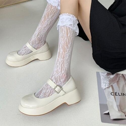 Womens shoes loafers fashion 2021Platform kawaii black white pumps chunky designer casual Mary Jane Buckle Retro British style