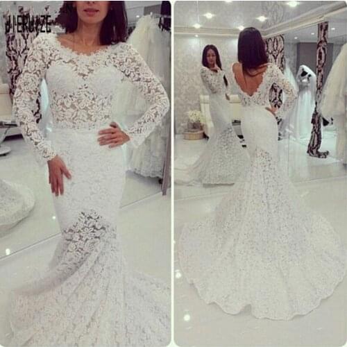 JIERUIZE Vintage Lace Mermaid Wedding Dresses Full Sleeveless Scoop Neck Backless Wedding Gowns robe de mariee