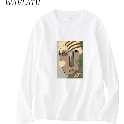 WAVLATII Brand New Long Sleeve T-shirts for Women 100% Cotton Abstract Print Tees Female Lady Soft Casual Basic Tops WLT2102