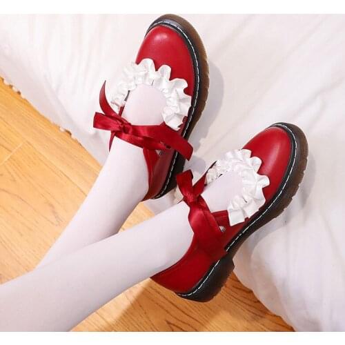 YQBTDL 2020 Summer Princess Cosplay Riband Girls Women Flats Large Ruffles Design Mary Jane Lolita Shoes Flat Heel Black Red 43