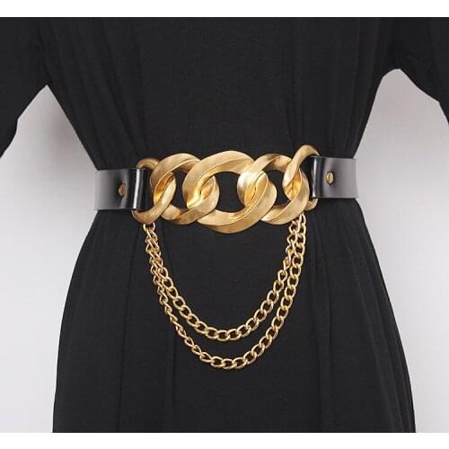Womens runway fashion genuine leather metal chain Cummerbunds female Dress Corsets Waistband Belts decoration wide belt TB1291