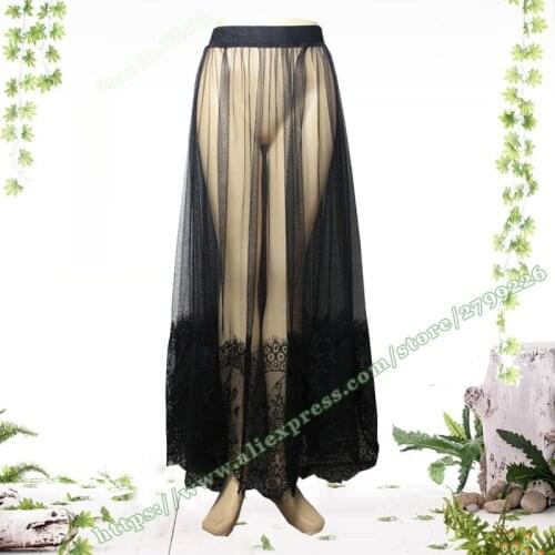 2019 Fashion Summer Sexy XS White Black Lace Mesh Midi Transparent Gothic Female Wrap Skirt Designs / Long Maxi skirts Womens