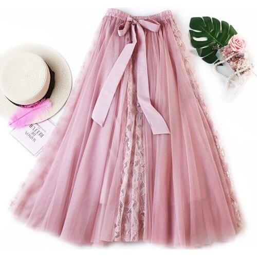 2020 Boho Long High Waist Bowtie Decorated Lace Mesh Patch Women Skirts Pink Jupe Femme Tulle Skirt Saia Faldas