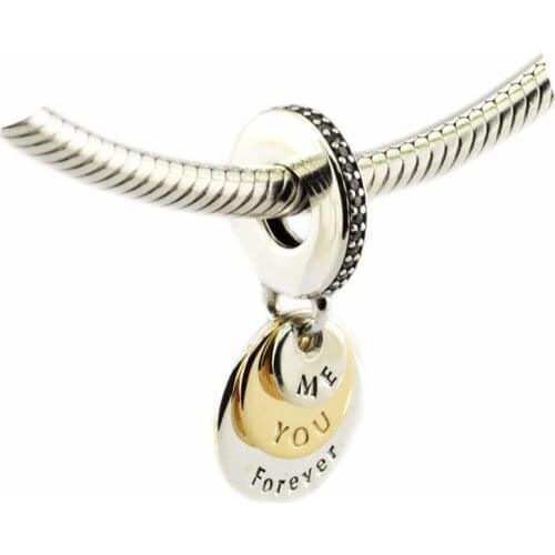 You & Me Forever Golden Shine Pendant Silver Charms for Women Bracelets Clear CZ Silver 925 Crystal Charms for Jewelry Making