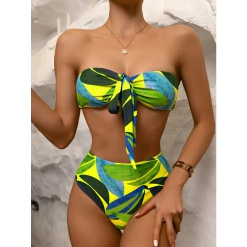 Sexy High Waist Bikini 2021 Women Off Shoulder Fornt Tie Push Up Two Piece Swimsuit Beach Bathing Suit Tie Dye Gradient Swimwear