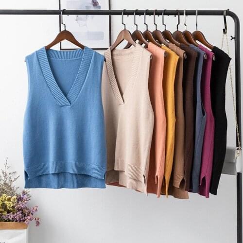 2020 Autumn Korean Womens Temperament V-Neck Knitted Sweater Vest Solid Color Irregular Length Pullover Sweaters Casual Loose