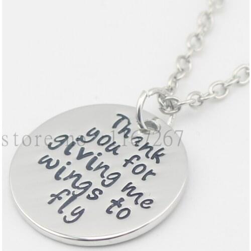 2016 Hot ! handstamped Jewelry "Thank you for giving me wings to fly" Mother necklace Teacher necklace Mentor Jewelry