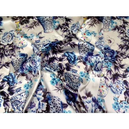 Ink Blue and white porcelain flowers prints 19mm Heavy Stretch Satin Mulberry Silk Cloth Hot Sale Cheongsam african dress fabric