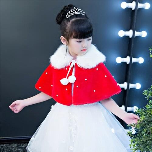 Child Fur Wrap Winter Warm Children Prom Party Pearls Coat Little Kids Red Wedding Shawl