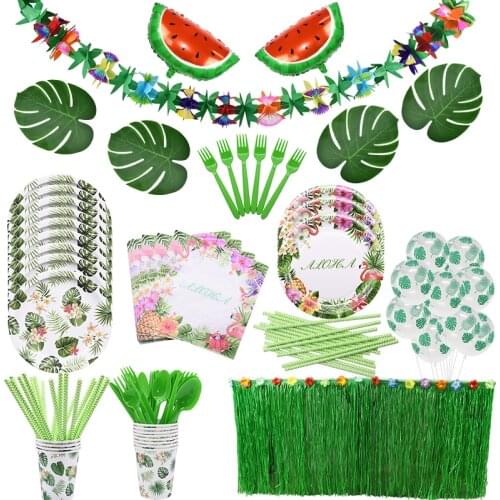 Hawaiian Party Decor Pineapple Palm Leaf Foil Latex Balloons Flamingo Tableware Set Summer Tropical Party Wedding Decor Supplies