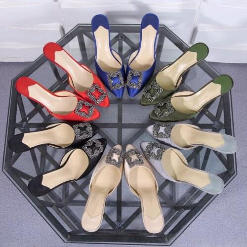 Classic Brand Poined Toe High Heels Sandals Crystal Buckle Womens Shoes Genuine Leather Silk Pumps Shoes Luxury Box Size 34-41