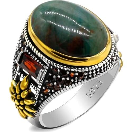 925 Sterling Silver Male Rings for Men Women Natural Phoenix Stone Vintage Golden Crown Fine Turkish Jewelry Female Elders Gift