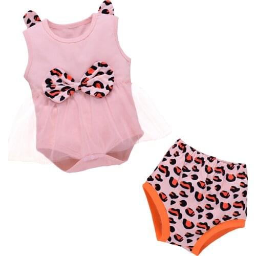 OPPERIAYA Newborn Baby Girls 2-piece Summer lovely Outfit Set Mesh Bowknot sleeveless Bodysuit Leopard Shorts Set for Kids