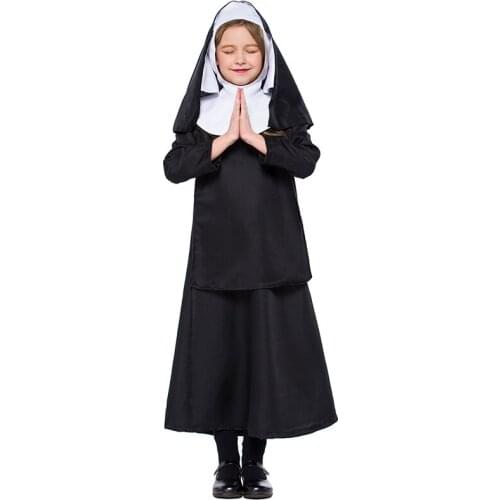 Halloween Girls Nun Costume Black Hooded Shawl Robe Church Missionary Nun Cosplay Fancy Dress