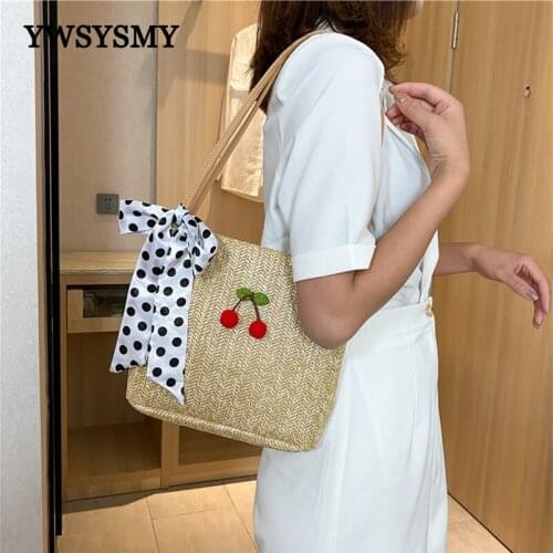 Summer Straw Bags for Women Fashion Silk Bow Female Shoulder Bag Handmade Woven Beach Bags Women Handbag Clutch Small Bag Purse