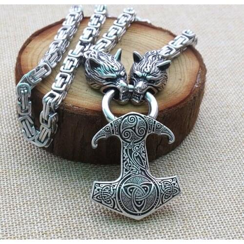 Men stainless steel necklace viking wolf head with Ravens Mjolnir hammer pendant norse talisman ethnic jewelry