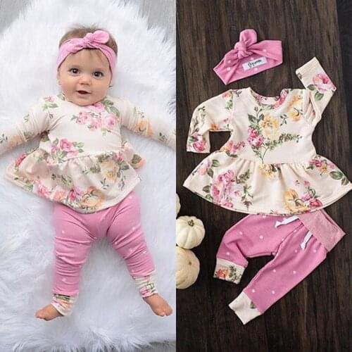 Adorable Newborn Autumn Clothes Baby Girls Sets Floral Ruffles Tops Dress High Waist Dots Print Pants Bow Headband 3Pcs 0-24M