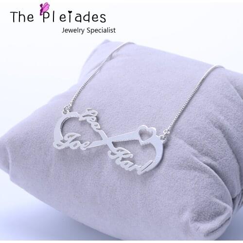 Custom 925 Solid Silver 3 Names Infinity Necklace Personalized Handmade Name Heart Necklace for Women Family Name Pendent Gift