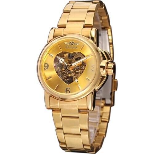 Winner Golden Watches Classic Clock Women Skeleton Clocks Automatic Mechanical Stainless Steel Band Watch