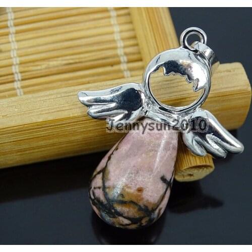 Natural Black Line Rhodochrosite Gems Stone Angel Wing Teardrop Healing Pendant Charm Beads Healing Jewelry Design 10Pcs/Pack