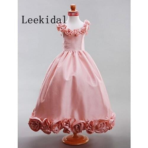 Real Photos Pink Floral Neck Girls Celebrity Dress Princess A-line Scoop Floor-length Taffeta Flower Girl Dress Custom