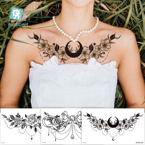 Rocooart 24x13.8cm Sexy Chest Tattoo Large Magical Rose Flower Sternum Body Art Paint Necklace Under Breast Cool Tattoo Women