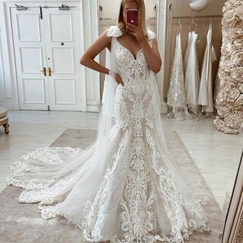 Sexy Mermaid Wedding Dress 2021 Double Layered Lace Low Back Bridal Gown Long Train Buttons Shoulder Bow Ribbon Bride Plus Size