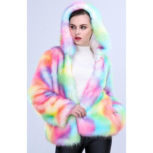 Sexy&Club women rainbow faux fur coat warmed hooded fur jacket coat S-3XL Plus size fashion slim fur winter coat