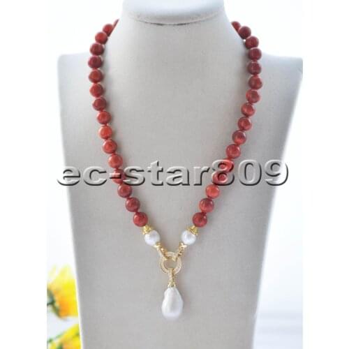 Z10122 19" Round Red Grass-Coral White Keshi Pearl Choker Necklace Pendant CZ